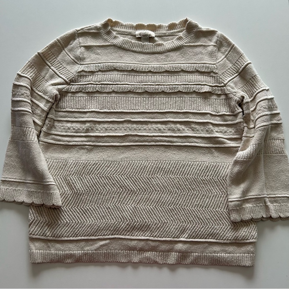LOFT Scalloped Cream Sweater with Three Quarter Sleeves